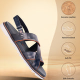 A blue Men's bugatti Back Strap Sandals featuring a round open toe, zero heels heel, and a wide fit. Made from premium genuine leather with a durable eva outsole, this slip-on design offers both style and comfort.