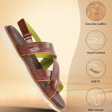 A brown Men's bugatti Back Strap Sandals featuring a round open toe, zero heels heel, and a wide fit. Made from premium genuine leather with a durable eva outsole, this slip-on design offers both style and comfort.