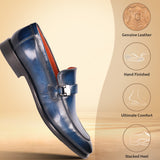 A blue Men's bugatti Penny Loafer featuring a round plain toe, stacked heel. Made from premium genuine leather with a durable leather outsole, this slip-on design offers both style and comfort.