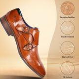A cognac Men's bugatti Monk Shoe featuring a pointed plain toe, moulded heel. Made from premium genuine leather with a durable tr outsole, this slip-on design offers both style and comfort.