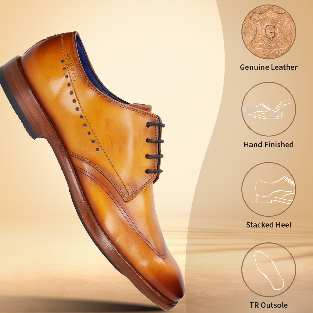 A yellow Men's bugatti Derby featuring a chisel wing tip, stacked heel. Made from premium genuine leather with a durable leather outsole, this laces design offers both style and comfort.