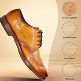 A yellow Men's bugatti Derby featuring a chisel wing tip, stacked heel. Made from premium genuine leather with a durable leather outsole, this laces design offers both style and comfort.