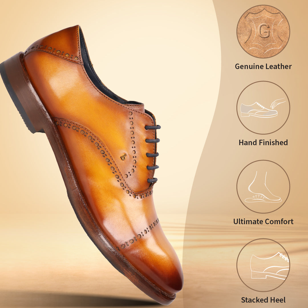 A yellow Men's bugatti Oxford featuring a round cap toe, stacked heel. Made from premium genuine leather with a durable leather outsole, this laces design offers both style and comfort.