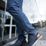 A blue Men's bugatti Derby featuring a pointed plain toe, zero heels heel, and a wide fit. Made from textile with a durable tpr outsole, this laces design offers both style and comfort.