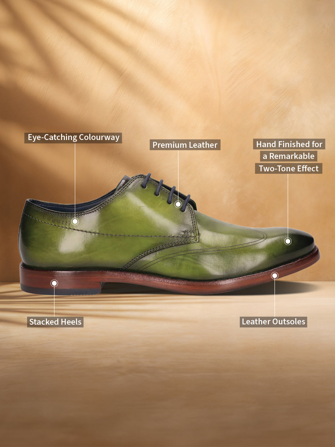 A green Men's bugatti Derby featuring a chisel wing tip, stacked heel. Made from premium genuine leather with a durable leather outsole, this laces design offers both style and comfort.