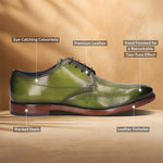 A green Men's bugatti Derby featuring a chisel wing tip, stacked heel. Made from premium genuine leather with a durable leather outsole, this laces design offers both style and comfort.