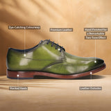 A green Men's bugatti Derby featuring a chisel wing tip, stacked heel. Made from premium genuine leather with a durable leather outsole, this laces design offers both style and comfort.