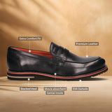 A black Men's bugatti Penny Loafer featuring a round apron toe, stacked heel, and a extra wide fit. Made from premium genuine leather with a durable eva outsole, this slip-on design offers both style and comfort.