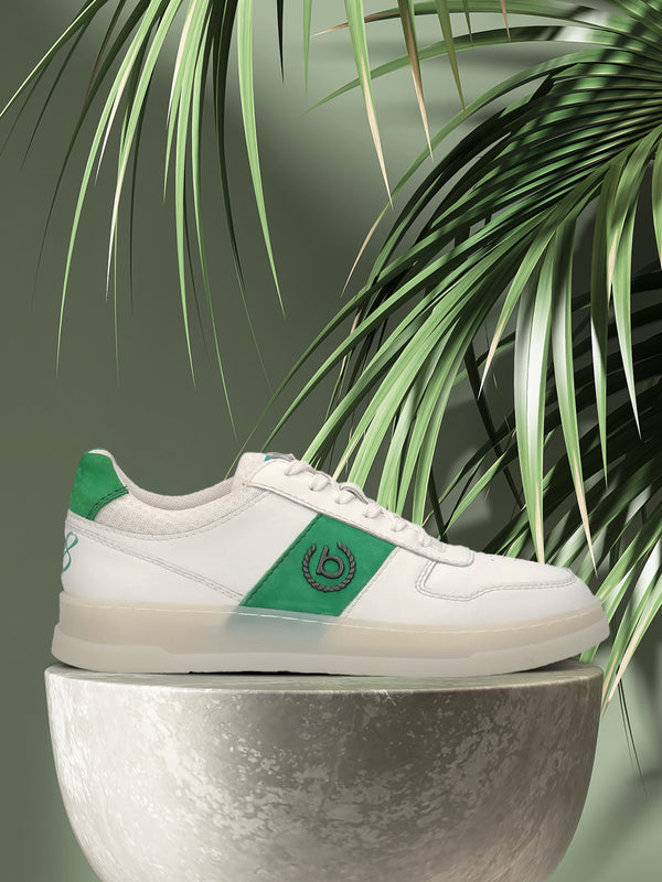 A white Men's bugatti Sneakers featuring a round toe plain toe, zero heels heel, and a wide fit. Made from premium genuine leather with a durable tpr outsole, this laces design offers both style and comfort.