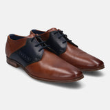A cognac Men's bugatti Derby featuring a pointed plain toe, stacked heel. Made from premium genuine leather with a durable high quality synthetic outsole, this laces design offers both style and comfort.