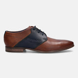 A cognac Men's bugatti Derby featuring a pointed plain toe, stacked heel. Made from premium genuine leather with a durable high quality synthetic outsole, this laces design offers both style and comfort.