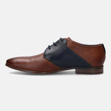 A cognac Men's bugatti Derby featuring a pointed plain toe, stacked heel. Made from premium genuine leather with a durable high quality synthetic outsole, this laces design offers both style and comfort.