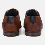 A cognac Men's bugatti Derby featuring a pointed plain toe, stacked heel. Made from premium genuine leather with a durable high quality synthetic outsole, this laces design offers both style and comfort.