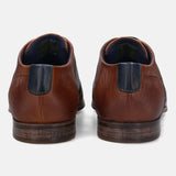 A cognac Men's bugatti Derby featuring a pointed plain toe, stacked heel. Made from premium genuine leather with a durable high quality synthetic outsole, this laces design offers both style and comfort.