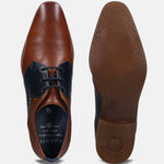 A cognac Men's bugatti Derby featuring a pointed plain toe, stacked heel. Made from premium genuine leather with a durable high quality synthetic outsole, this laces design offers both style and comfort.