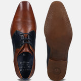 A cognac Men's bugatti Derby featuring a pointed plain toe, stacked heel. Made from premium genuine leather with a durable high quality synthetic outsole, this laces design offers both style and comfort.