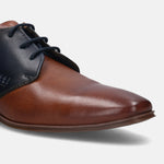 A cognac Men's bugatti Derby featuring a pointed plain toe, stacked heel. Made from premium genuine leather with a durable high quality synthetic outsole, this laces design offers both style and comfort.