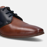 A cognac Men's bugatti Derby featuring a pointed plain toe, stacked heel. Made from premium genuine leather with a durable high quality synthetic outsole, this laces design offers both style and comfort.