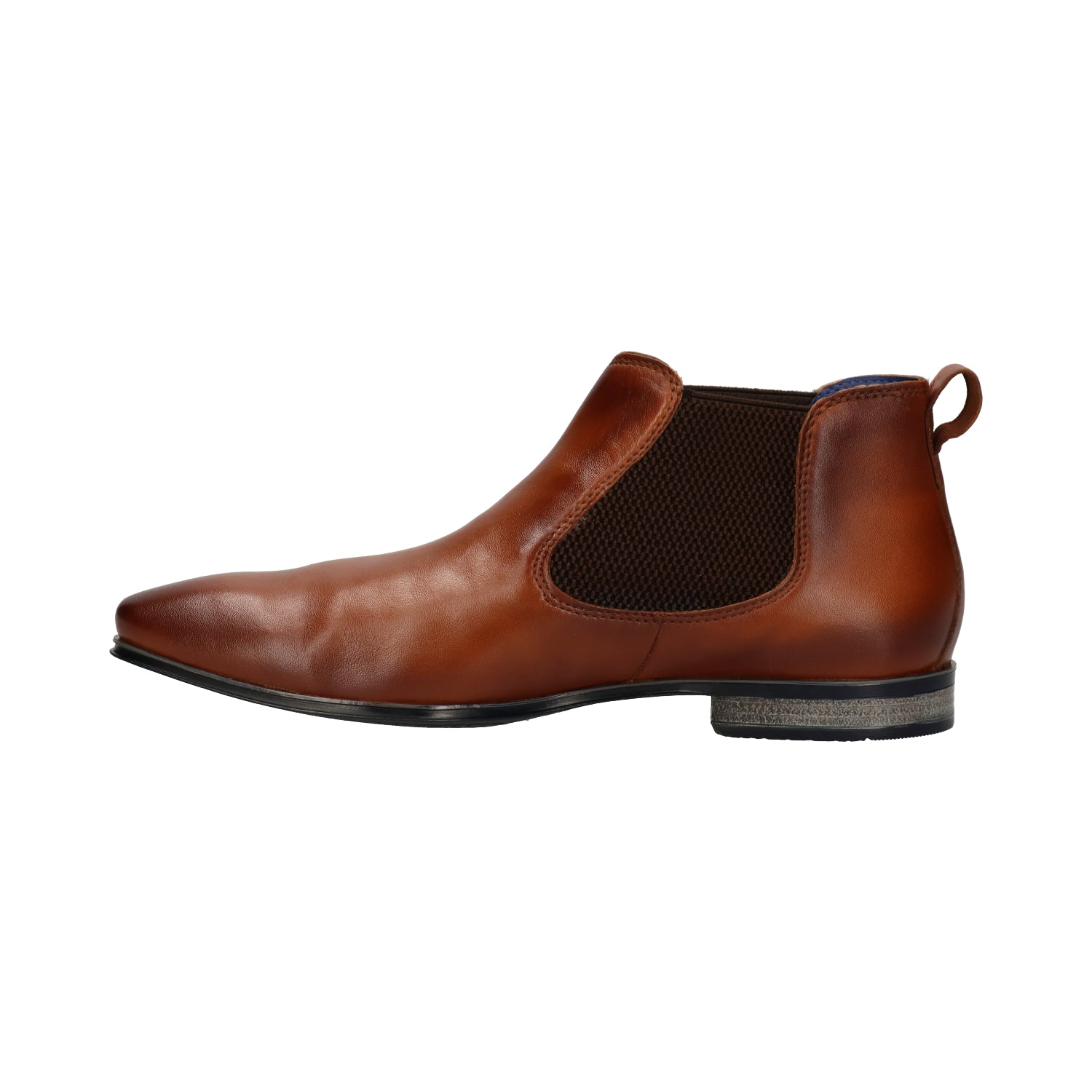 A cognac Men's bugatti Chelsea Boots featuring a round plain toe, zero heels heel. Made from premium genuine leather with a durable high quality synthetic outsole, this elastic design offers both style and comfort.