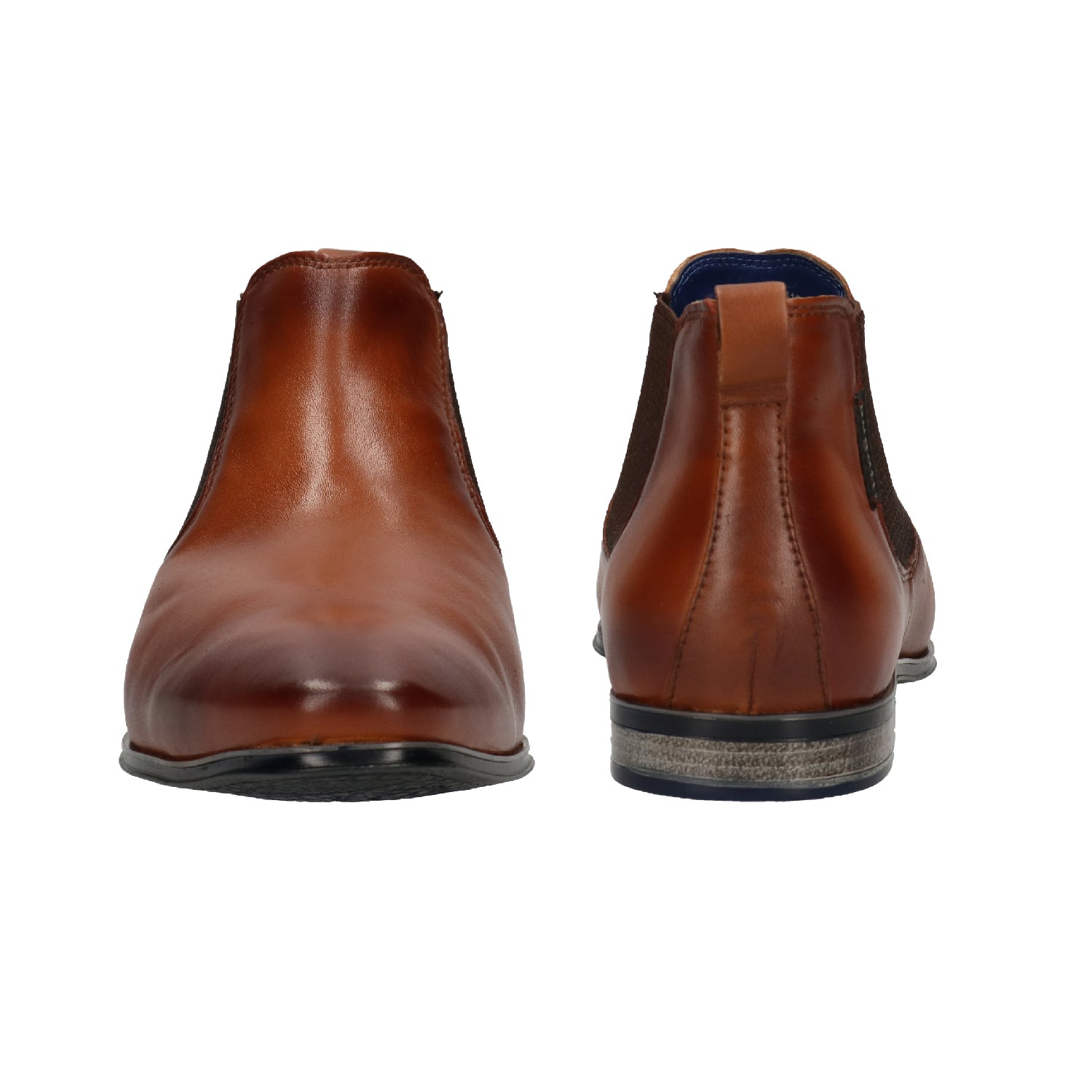 A cognac Men's bugatti Chelsea Boots featuring a round plain toe, zero heels heel. Made from premium genuine leather with a durable high quality synthetic outsole, this elastic design offers both style and comfort.