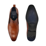 A cognac Men's bugatti Chelsea Boots featuring a round plain toe, zero heels heel. Made from premium genuine leather with a durable high quality synthetic outsole, this elastic design offers both style and comfort.