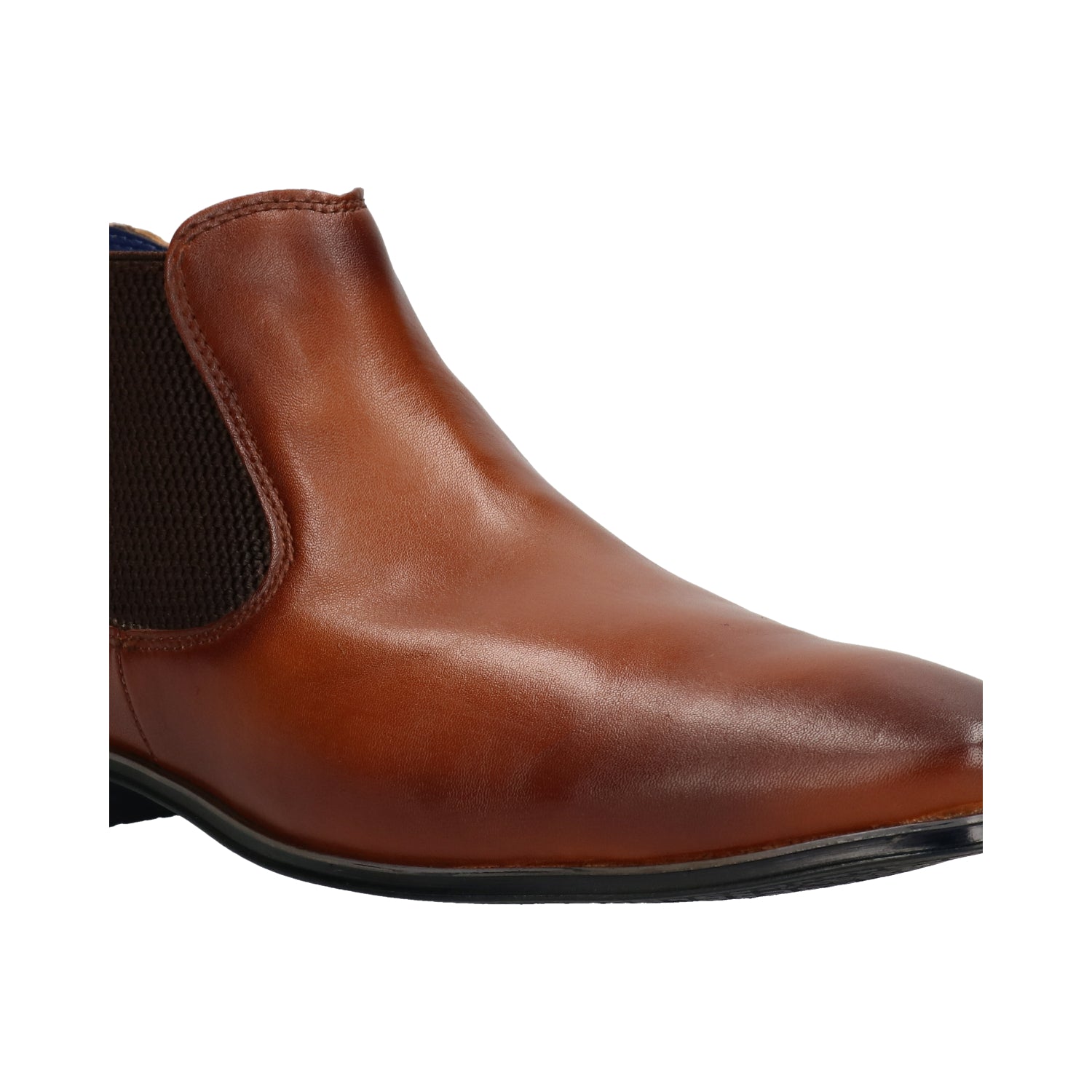 A cognac Men's bugatti Chelsea Boots featuring a round plain toe, zero heels heel. Made from premium genuine leather with a durable high quality synthetic outsole, this elastic design offers both style and comfort.