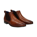 A cognac Men's bugatti Chelsea Boots featuring a round plain toe, zero heels heel. Made from premium genuine leather with a durable high quality synthetic outsole, this elastic design offers both style and comfort.
