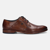 A cognac Men's bugatti Derby featuring a round plain toe, stacked heel. Made from premium genuine leather with a durable leather outsole, this laces design offers both style and comfort.