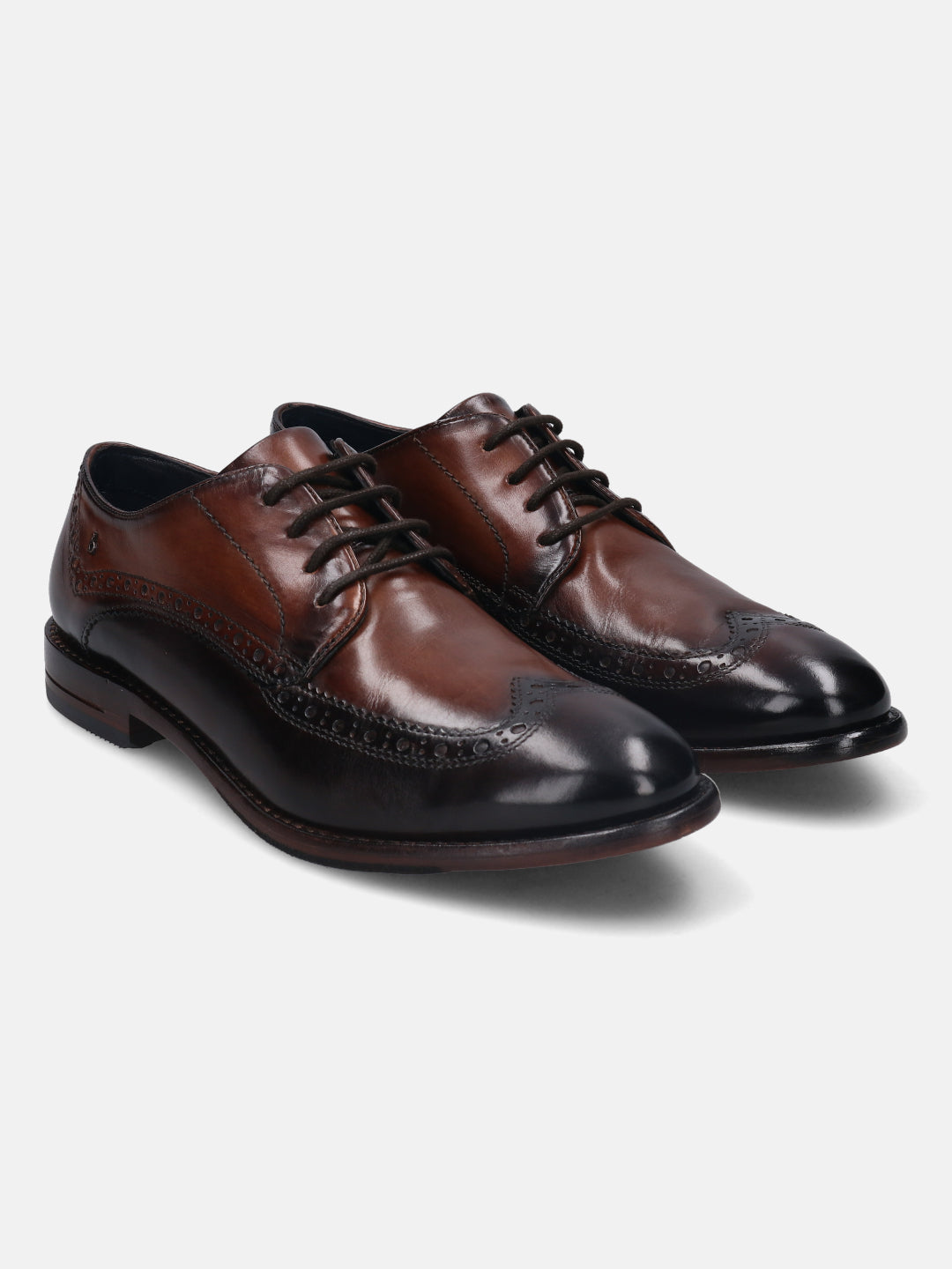 A brown Men's bugatti Brogue featuring a round wingcap, stacked heel. Made from premium genuine leather with a durable leather outsole, this laces design offers both style and comfort.