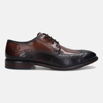 A brown Men's bugatti Brogue featuring a round wingcap, stacked heel. Made from premium genuine leather with a durable leather outsole, this laces design offers both style and comfort.
