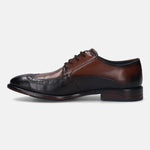 A brown Men's bugatti Brogue featuring a round wingcap, stacked heel. Made from premium genuine leather with a durable leather outsole, this laces design offers both style and comfort.