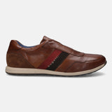 A cognac Men's bugatti Sneakers featuring a round plain toe, zero heels heel. Made from premium genuine leather with a durable tr outsole, this slip-on design offers both style and comfort.