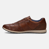 A cognac Men's bugatti Sneakers featuring a round plain toe, zero heels heel. Made from premium genuine leather with a durable tr outsole, this slip-on design offers both style and comfort.