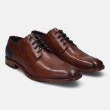 A cognac Men's bugatti Derby featuring a round plain toe, stacked heel. Made from premium genuine leather with a durable leather outsole, this laces design offers both style and comfort.