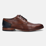A cognac Men's bugatti Derby featuring a round plain toe, stacked heel. Made from premium genuine leather with a durable leather outsole, this laces design offers both style and comfort.
