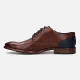 A cognac Men's bugatti Derby featuring a round plain toe, stacked heel. Made from premium genuine leather with a durable leather outsole, this laces design offers both style and comfort.