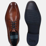 A cognac Men's bugatti Derby featuring a round plain toe, stacked heel. Made from premium genuine leather with a durable leather outsole, this laces design offers both style and comfort.