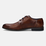 A cognac Men's bugatti Derby featuring a round plain toe, stacked heel. Made from premium genuine leather with a durable tpr outsole, this laces design offers both style and comfort.