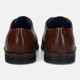 A cognac Men's bugatti Derby featuring a round plain toe, stacked heel. Made from premium genuine leather with a durable tpr outsole, this laces design offers both style and comfort.