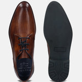 A cognac Men's bugatti Derby featuring a round plain toe, stacked heel. Made from premium genuine leather with a durable tpr outsole, this laces design offers both style and comfort.