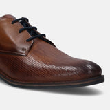 A cognac Men's bugatti Derby featuring a round plain toe, stacked heel. Made from premium genuine leather with a durable tpr outsole, this laces design offers both style and comfort.