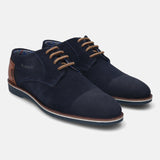 A blue Men's bugatti Derby featuring a pointed plain toe, zero heels heel. Made from suede leather with a durable tpr outsole, this laces design offers both style and comfort.