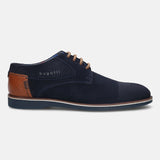 A blue Men's bugatti Derby featuring a pointed plain toe, zero heels heel. Made from suede leather with a durable tpr outsole, this laces design offers both style and comfort.