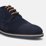 A blue Men's bugatti Derby featuring a pointed plain toe, zero heels heel. Made from suede leather with a durable tpr outsole, this laces design offers both style and comfort.