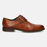 A cognac Men's bugatti Derby featuring a pointed toe toe cap, stacked heel. Made from premium genuine leather with a durable leather outsole, this laces design offers both style and comfort.
