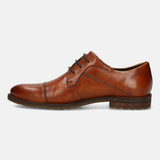 A cognac Men's bugatti Derby featuring a pointed toe toe cap, stacked heel. Made from premium genuine leather with a durable leather outsole, this laces design offers both style and comfort.