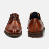 A cognac Men's bugatti Derby featuring a pointed toe toe cap, stacked heel. Made from premium genuine leather with a durable leather outsole, this laces design offers both style and comfort.