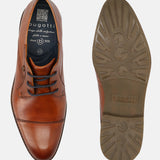 A cognac Men's bugatti Derby featuring a pointed toe toe cap, stacked heel. Made from premium genuine leather with a durable leather outsole, this laces design offers both style and comfort.