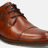 A cognac Men's bugatti Derby featuring a pointed toe toe cap, stacked heel. Made from premium genuine leather with a durable leather outsole, this laces design offers both style and comfort.