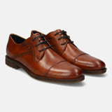 A cognac Men's bugatti Derby featuring a pointed toe toe cap, stacked heel. Made from premium genuine leather with a durable leather outsole, this laces design offers both style and comfort.